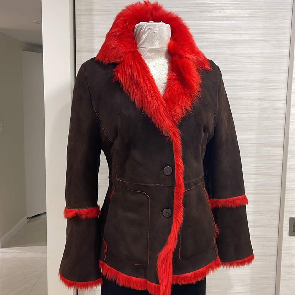 Tuscany Shearing made in Italy uniquely colored in EspressoBrown and red inside